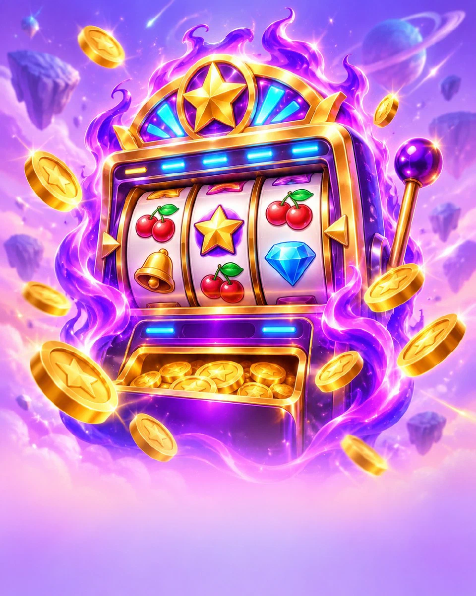 Glossy slot machine wrapped in violet flames with gold coins flying