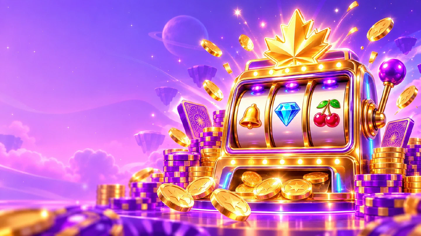 Bright golden slot machine with spinning reels, chip towers and a glowing maple leaf above a burst of coins
